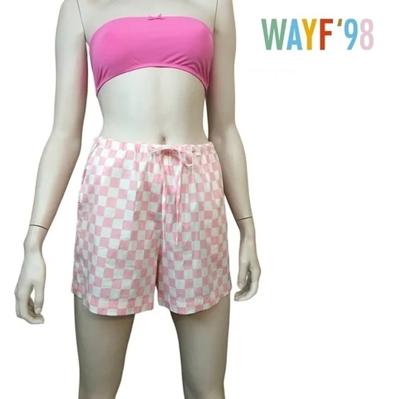 WAYF 98 Neko Drawstring Pink & White Checkered Cotton Shorts NWOT Beachy NWOT - Picture 1 of 16